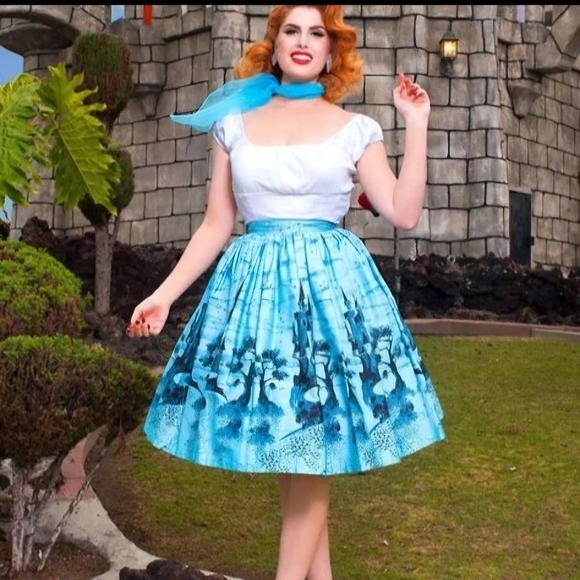 Pinup Girl Clothing BELLA VINTAGE SWING SKIRT IN BLUE FAIRY TALE CASTLE SZ S - Picture 2 of 6